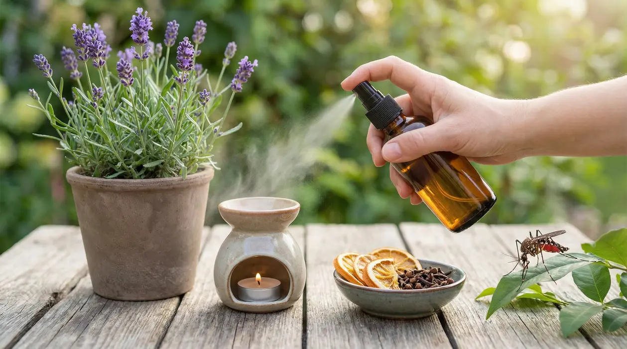 Mano che spruzza repellente naturale vicino a lavanda, agrumi e chiodi di garofano per allontanare gli insetti