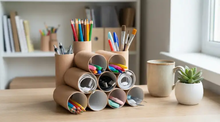 Organizer fai da te con rotoli di carta igienica per penne, matite, pennelli e cavi su una scrivania