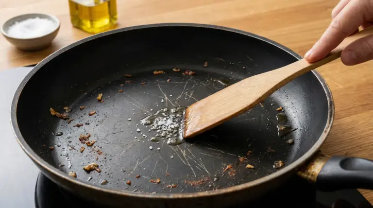 Padella antiaderente usurata con sale e olio, mentre una mano la pulisce con una spatola di legno