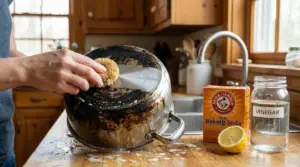 Persona pulisce una pentola annerita con spugna, bicarbonato, aceto e limone in cucina