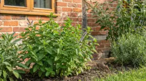 Pianta aromatica in giardino accanto a un topo vicino al muro di casa