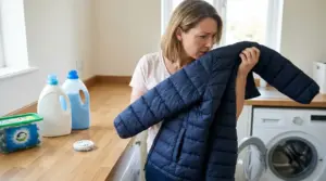 Donna annusa un piumino blu in lavanderia domestica per controllare il cattivo odore di sudore