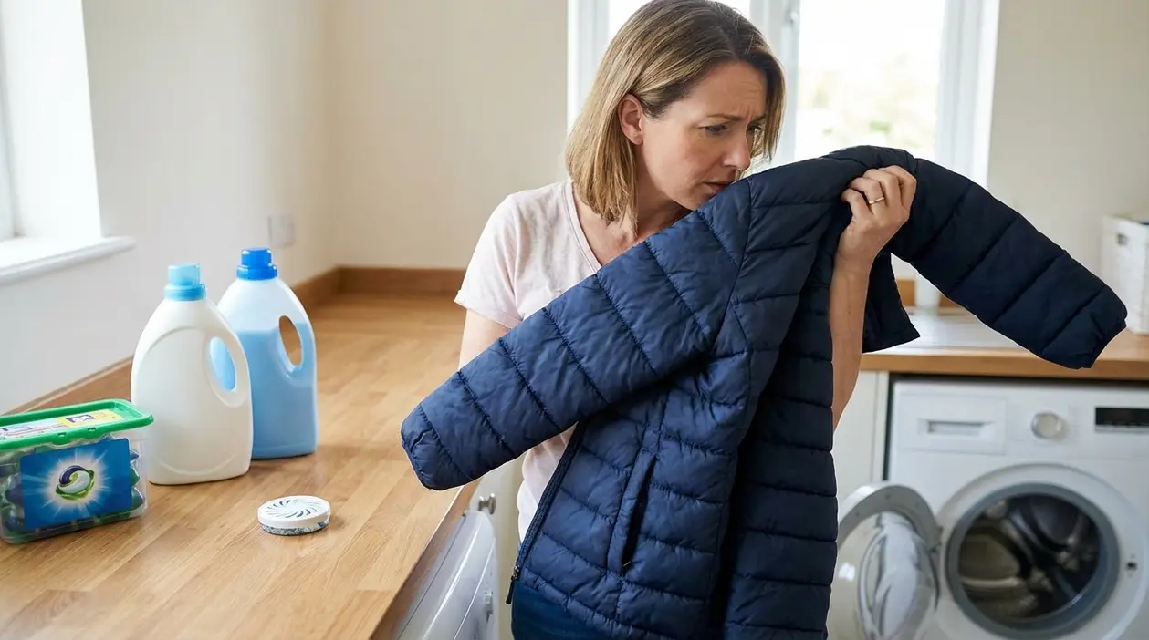 Donna annusa un piumino blu in lavanderia domestica per controllare il cattivo odore di sudore