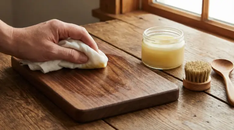 Mano che applica un prodotto naturale su un tagliere di legno con panno, accanto a un barattolo di balsamo