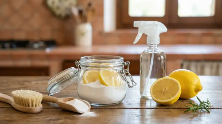 Barattolo con bicarbonato e fette di limone accanto a uno spray in cucina, per profumare la casa in modo naturale