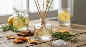 Profumatore fai da te naturale con bastoncini, agrumi, rosmarino e cannella su tavolo di legno