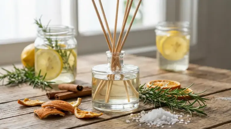 Profumatore fai da te naturale con bastoncini, agrumi, rosmarino e cannella su tavolo di legno