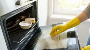 Persona con guanti gialli pulisce lo sportello del forno con una spugna e un detergente naturale