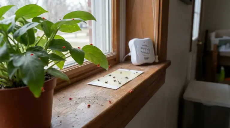 Ragni rossi su una pianta da interno vicino alla finestra, con trappola adesiva sul davanzale