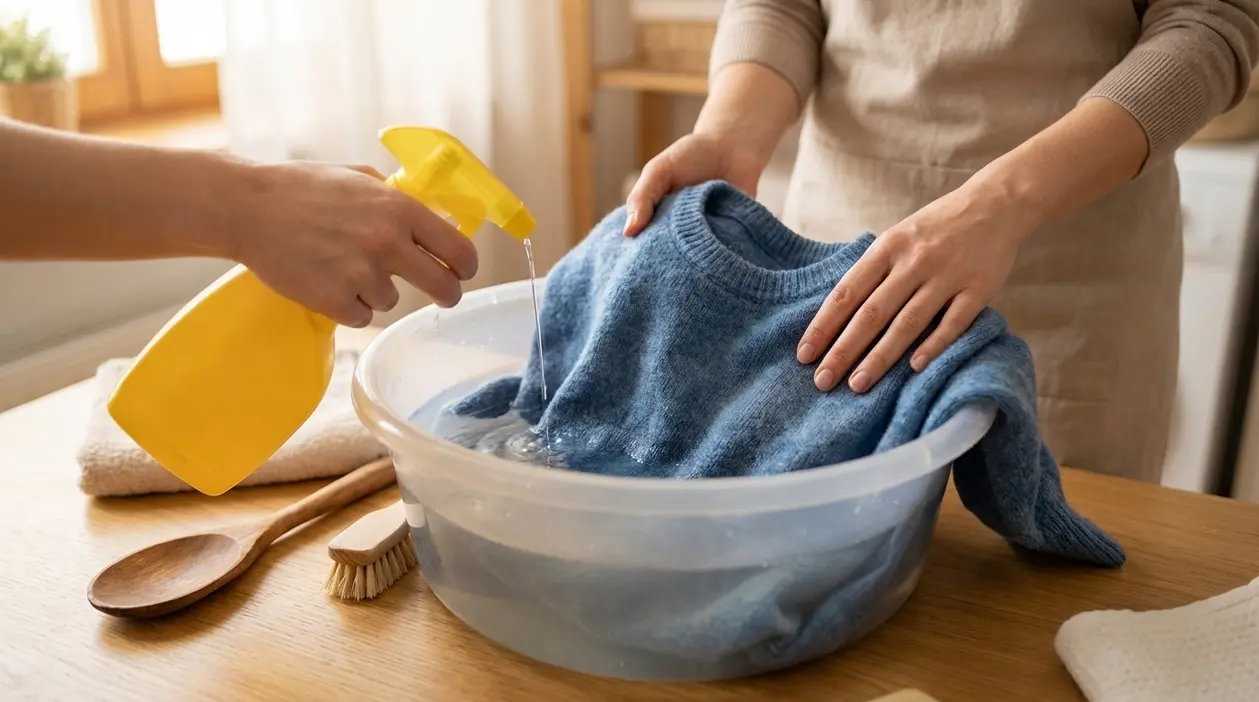 Maglione blu lavato a mano in una bacinella con acqua per ravvivare il colore dei capi sbiaditi