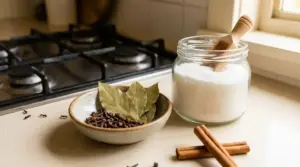 Formiche sul piano cucina accanto a sale e spezie usati come rimedio naturale contro le formiche