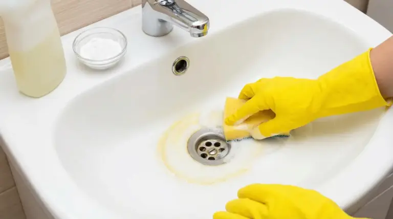 Mano con guanto giallo pulisce il cerchio di calcare giallo nel lavandino del bagno con una spugna