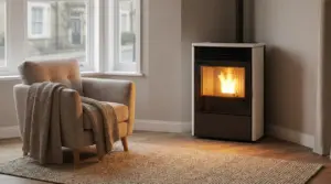 Soggiorno con poltrona e stufa moderna accesa, soluzione per riscaldare casa senza termosifoni