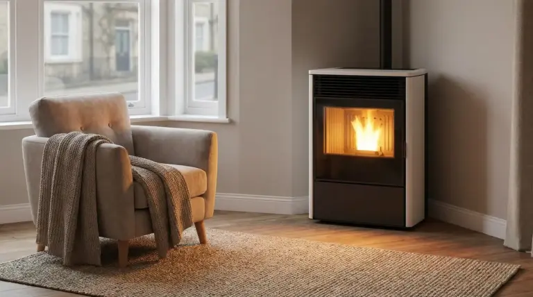 Soggiorno con poltrona e stufa moderna accesa, soluzione per riscaldare casa senza termosifoni