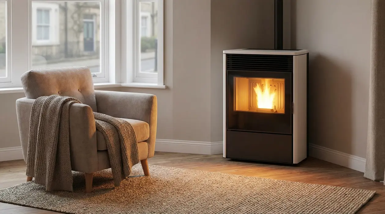 Soggiorno con poltrona e stufa moderna accesa, soluzione per riscaldare casa senza termosifoni