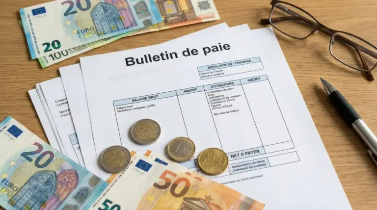 Busta paga francese con banconote e monete in euro su una scrivania, simbolo dello stipendio medio in Francia