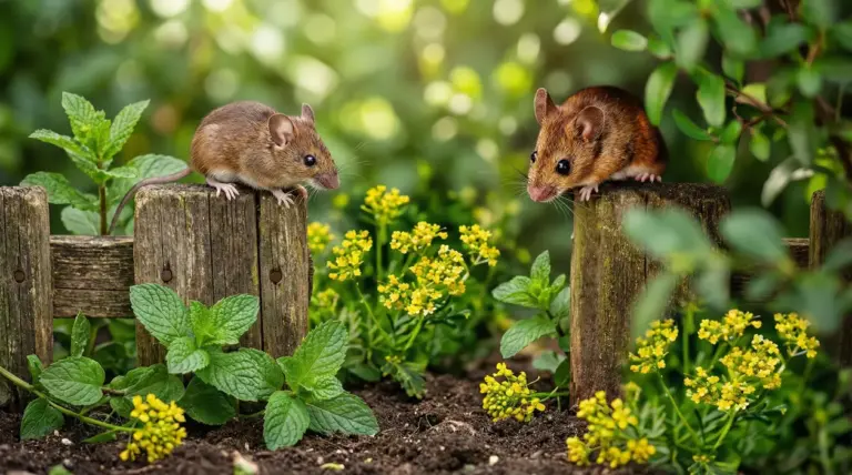 Due topi su una staccionata in giardino tra menta e fiori gialli