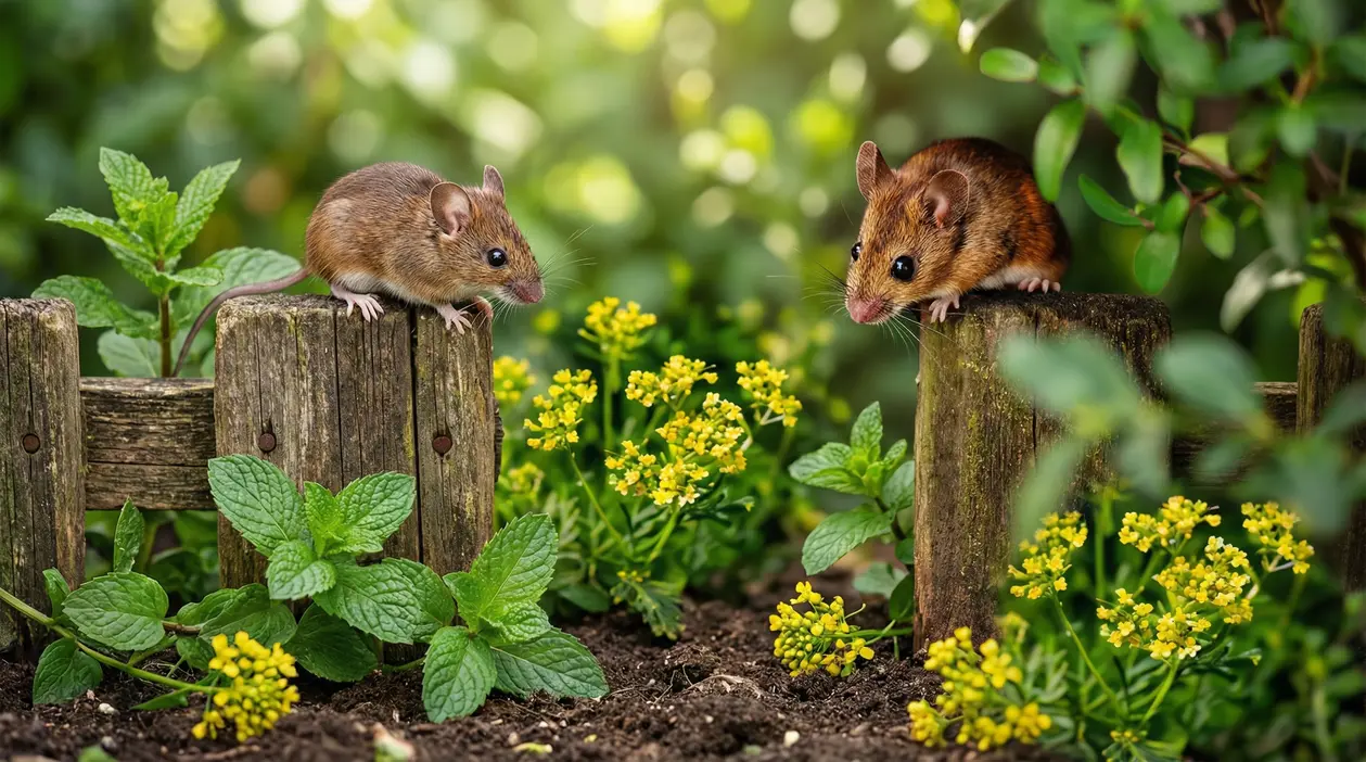 Due topi su una staccionata in giardino tra menta e fiori gialli