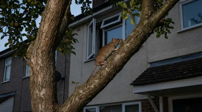 Topo che si arrampica su un albero del giardino vicino alla finestra di una casa