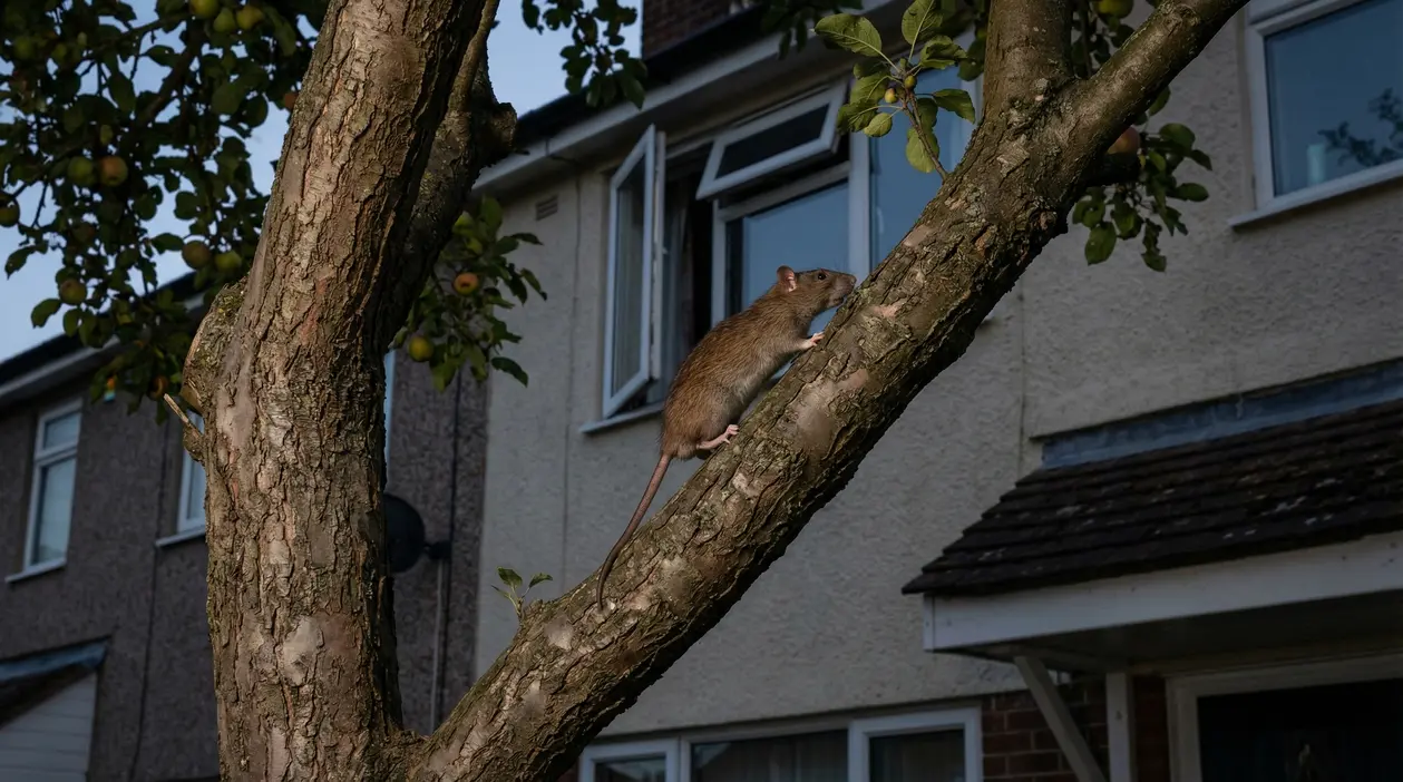 Topo che si arrampica su un albero del giardino vicino alla finestra di una casa