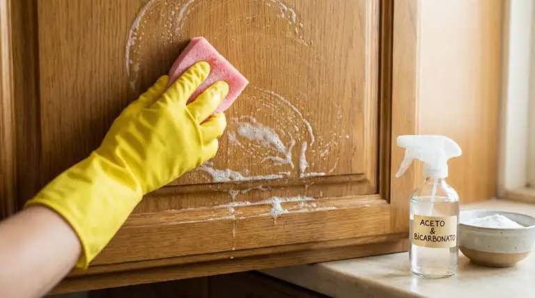 Mano con guanto giallo pulisce un mobile da cucina in legno con una spugna e detergente naturale