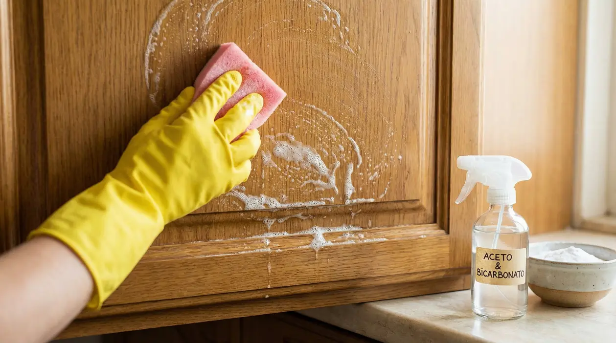 Mano con guanto giallo pulisce un mobile da cucina in legno con una spugna e detergente naturale