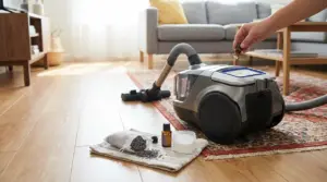 Aspirapolvere in soggiorno con oli essenziali e sacchetto profumato sul pavimento in legno