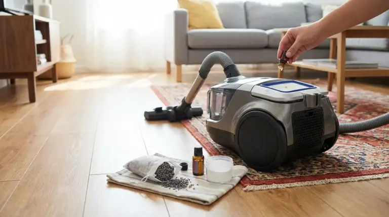 Aspirapolvere in soggiorno con oli essenziali e sacchetto profumato sul pavimento in legno