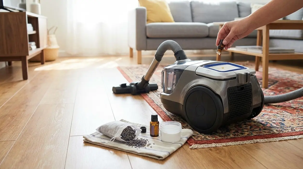 Aspirapolvere in soggiorno con oli essenziali e sacchetto profumato sul pavimento in legno