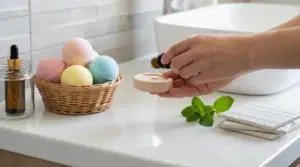 Mani che versano olio essenziale su un diffusore in ceramica su mobile del bagno con accessori profumati