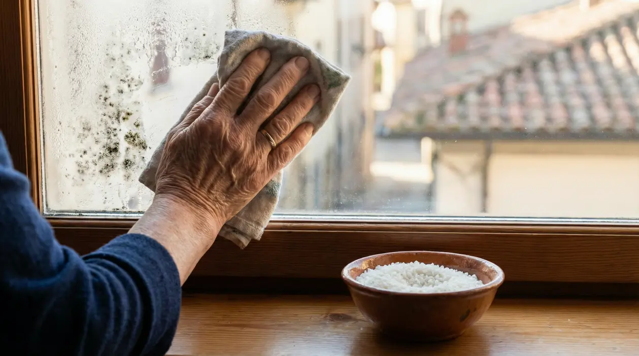Persona pulisce un vetro con condensa e muffa vicino a una ciotola di riso sul davanzale