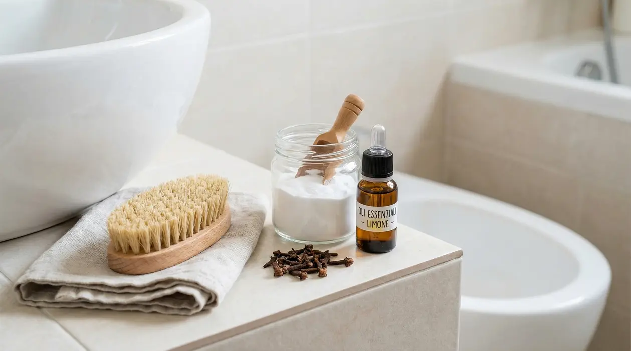 Ingredienti naturali in bagno accanto al wc per eliminare i cattivi odori di urina