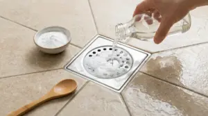 Una persona versa una soluzione naturale nello scarico della doccia con bicarbonato sul pavimento del bagno