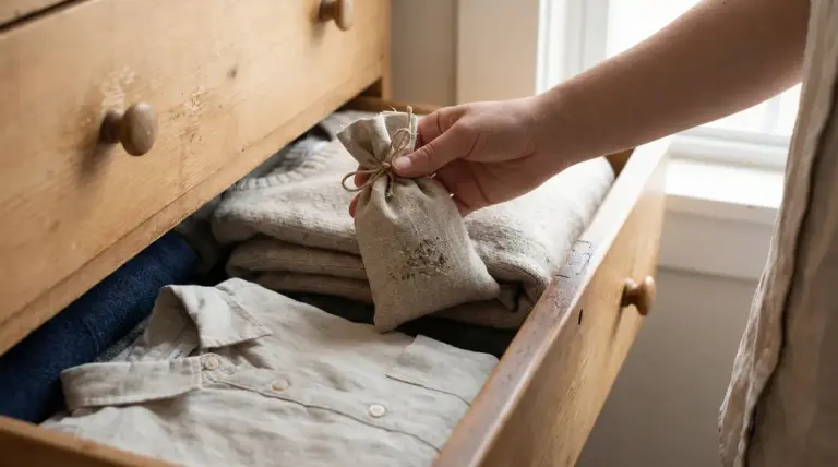 Mano che mette un sacchetto profumato naturale in un cassetto di legno con vestiti piegati
