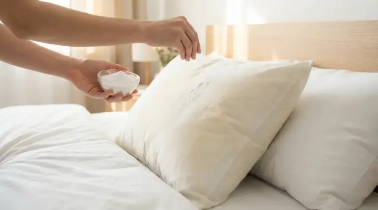 Persona cosparge bicarbonato su un cuscino ingiallito sul letto per rinfrescarlo senza sfoderarlo