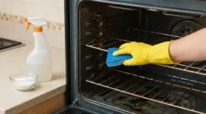 Mano con guanto giallo pulisce un forno incrostato con spugna blu, accanto a spray detergente e bicarbonato