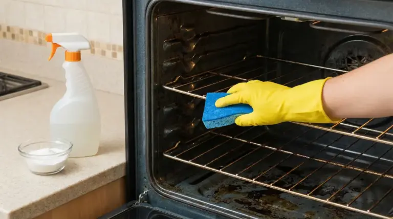 Mano con guanto giallo pulisce un forno incrostato con spugna blu, accanto a spray detergente e bicarbonato