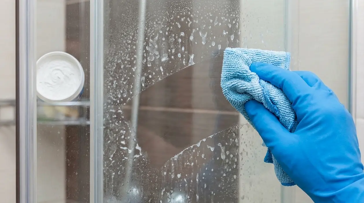 Mano con guanto blu pulisce il vetro della doccia con un panno in microfibra su macchie ostinate